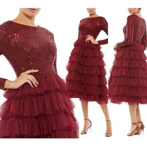 Mac Duggal 26299 Red Wine Tiered Ruffle Long Sleeve Midi Dress Size 4 $498
